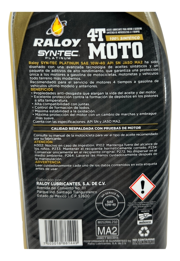Aceite Raloy Para Moto Sintetico 100%  4 Tiempos 10w-40 1l