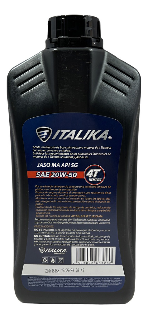Aceite Italika Motor 4t Sae 20w50 Jaso Ma Api Sg 950ml