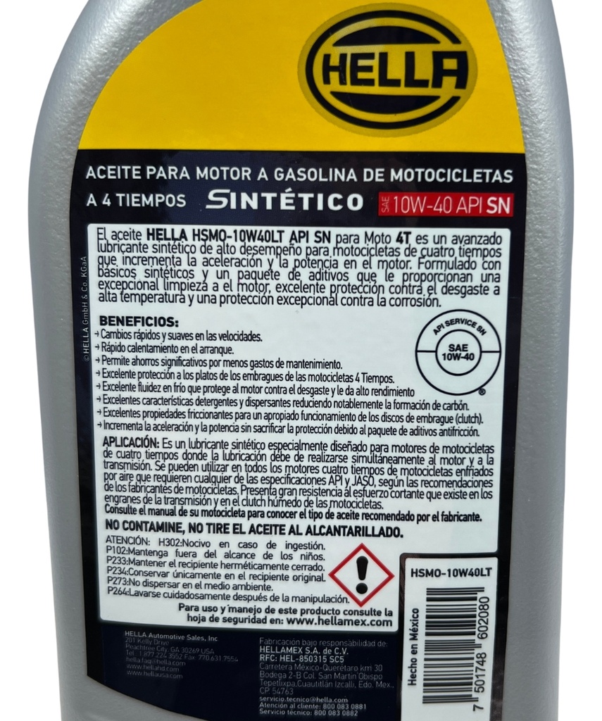 Aceite Moto Hella 4t Sintetico Moto 10w40 946ml