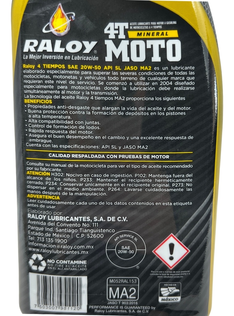 Aceite Para Moto Raloy Api S L Jaso 4t Sae 20w50 1 L Mineral