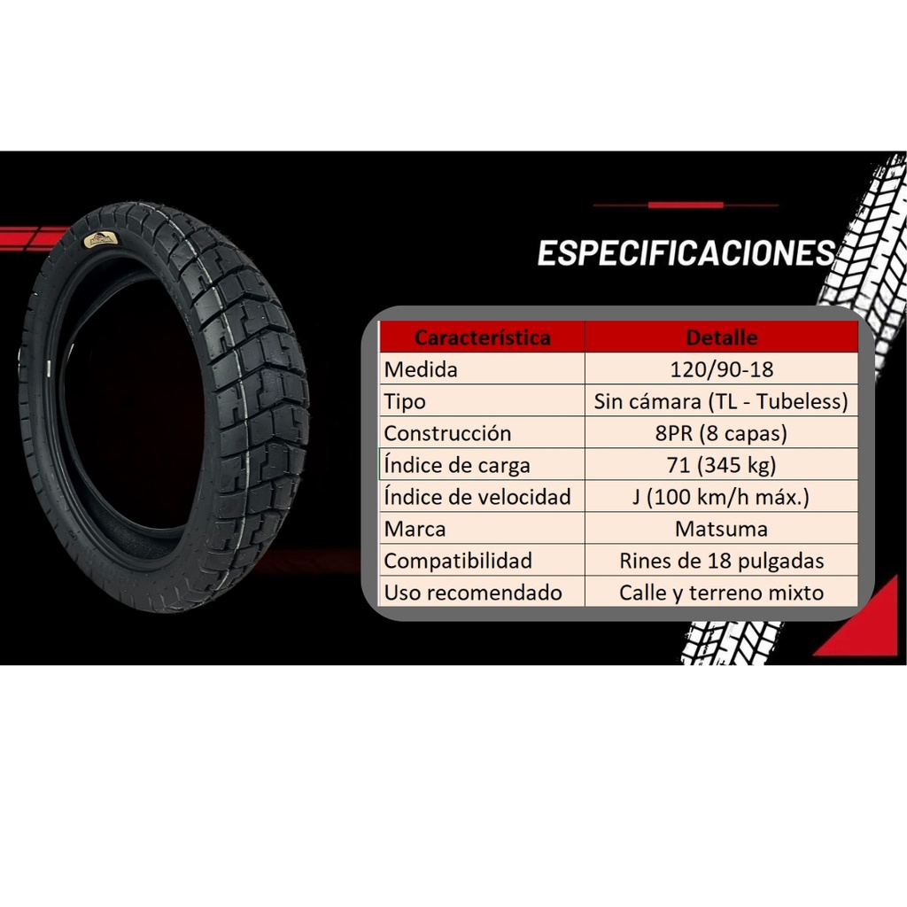 Llanta Moto 120/90-18 TL 8PR Matsuma 71J 345KG