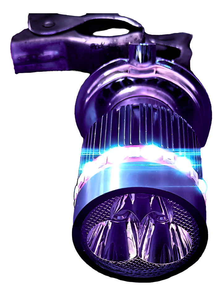 FOCO MOTO BASE PLATA H4 3 LED BLANCO EFECTO AZUL Y ROJO