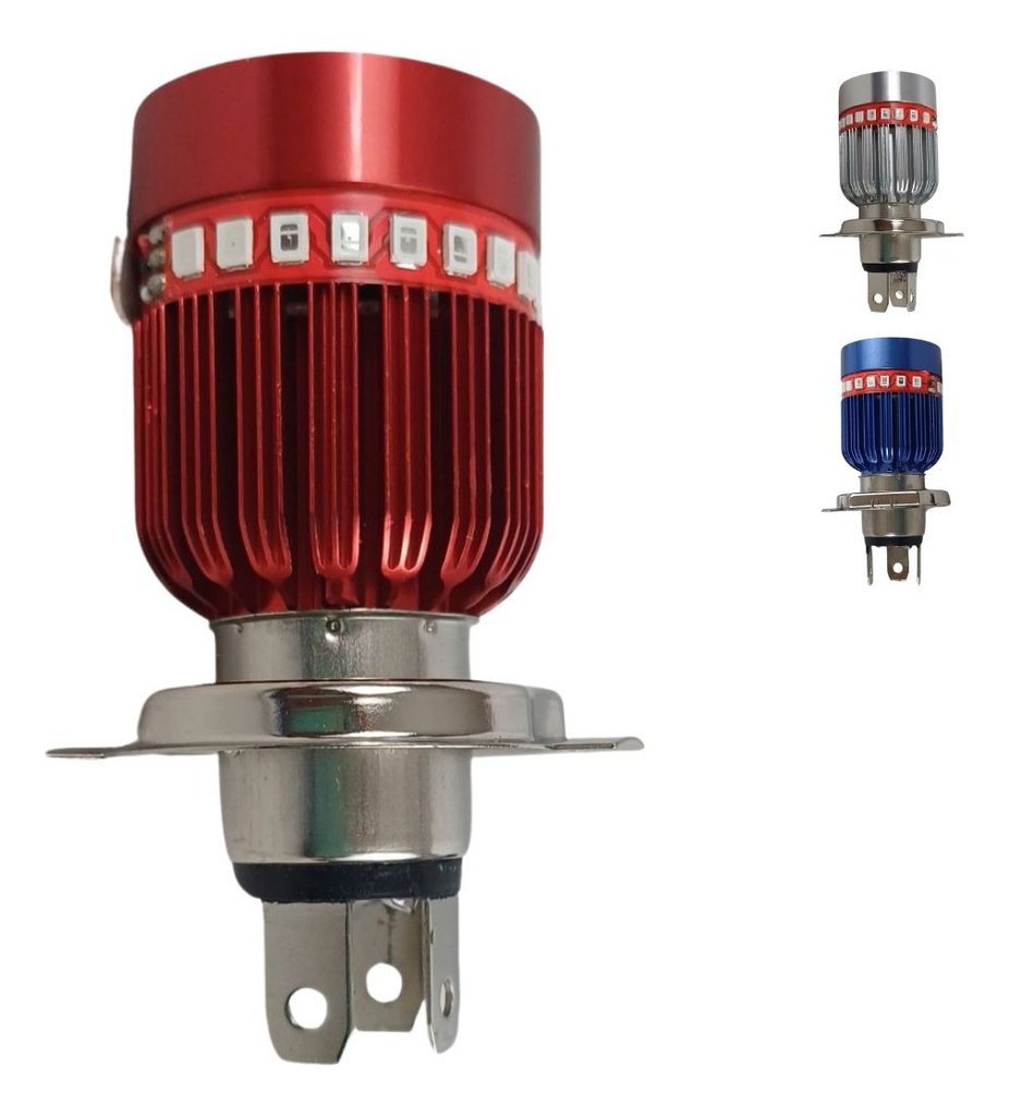 FOCO MOTO BASE PLATA H4 3 LED BLANCO EFECTO AZUL Y ROJO