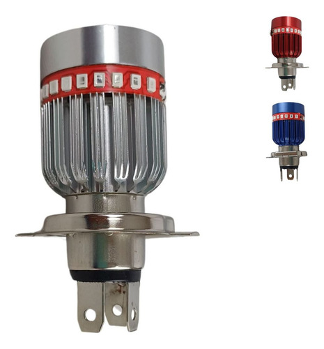 FOCO MOTO BASE PLATA H4 3 LED BLANCO EFECTO AZUL Y ROJO